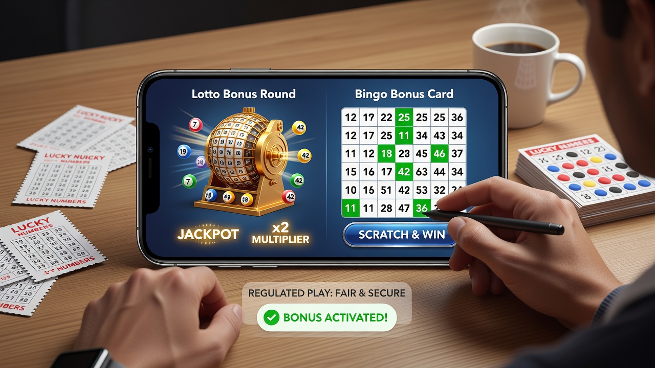 Close-up of regulated mobile app bonus round interface influenced by traditional bingo patterns and lotto draws